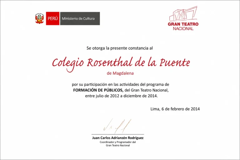 Diploma otorgado por Ministerio de Cultura · Gran Teatro Nacional en 2014