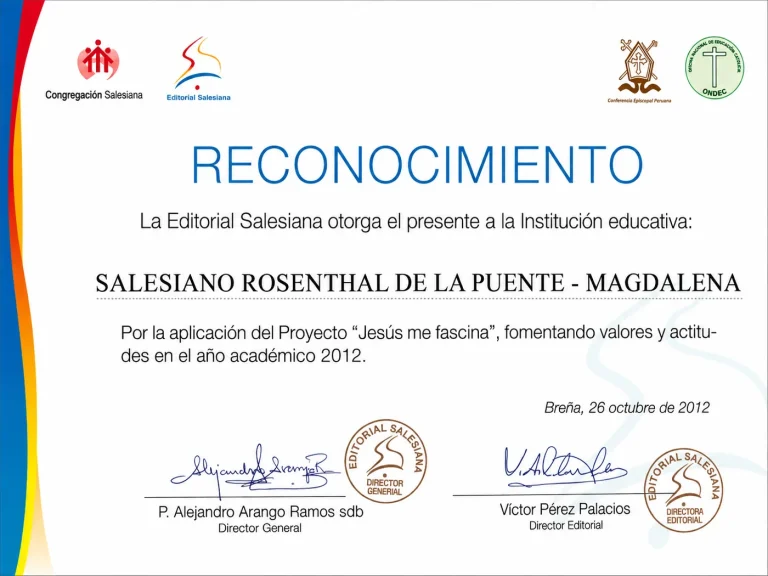 Diploma otorgado por Editorial Salesiana en 2012